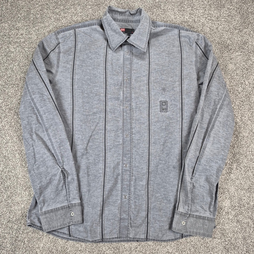 Diesel Shirt Mens XXL Gray Long Sleeve Snap Front Contrast Stitch